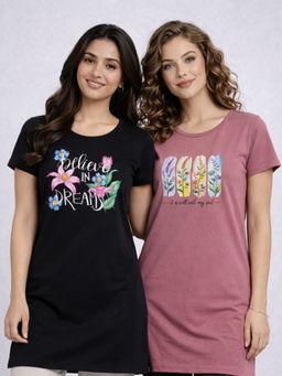 Vero Amore - Women Multi-Color Floral Cotton Blend T-Shirt (Pack of 2)