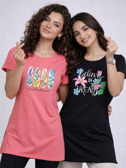 Vero Amore - Women Multi-Color Floral Cotton Blend T-Shirt (Pack of 2)
