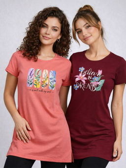 Vero Amore - Women Multi-Color Floral Cotton Blend T-Shirt (Pack of 2)