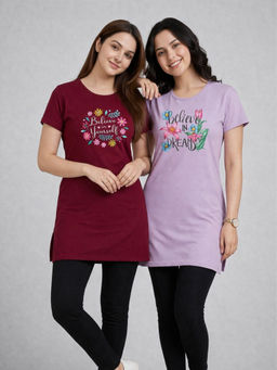 Vero Amore - Women Multi-Color Floral Cotton Blend T-Shirt (Pack of 2)