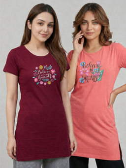 Vero Amore - Women Multi-Color Floral Cotton Blend T-Shirt (Pack of 2)