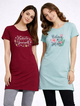 Vero Amore - Women Multi-Color Floral Cotton Blend T-Shirt (Pack of 2)