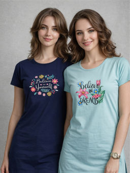 Vero Amore - Women Multi-Color Floral Cotton Blend T-Shirt (Pack of 2)