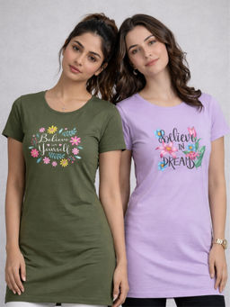 Vero Amore - Women Multi-Color Floral Cotton Blend T-Shirt (Pack of 2)
