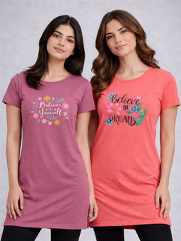 Vero Amore - Women Multi-Color Floral Cotton Blend T-Shirt (Pack of 2)