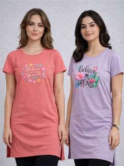 Vero Amore - Women Multi-Color Floral Cotton Blend T-Shirt (Pack of 2)