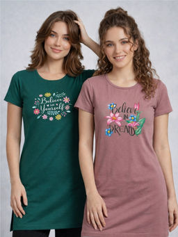 Vero Amore - Women Multi-Color Floral Cotton Blend T-Shirt (Pack of 2)