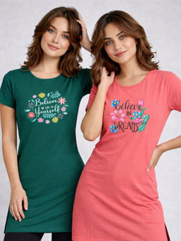 Vero Amore - Women Multi-Color Floral Cotton Blend T-Shirt (Pack of 2)