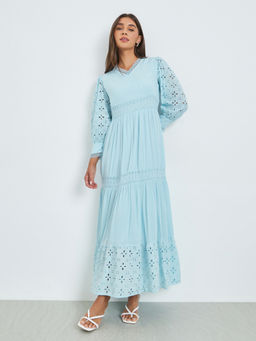 Styli - Women Blue Embroidered Cotton Dress