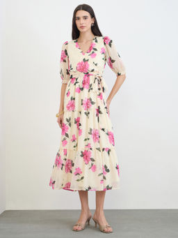 Styli - Women Cream Floral Polyester Dress