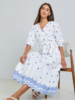 Styli - Women White Embroidered Polyester Dress