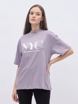 Styli - Women Lavender Typography Cotton T-Shirt