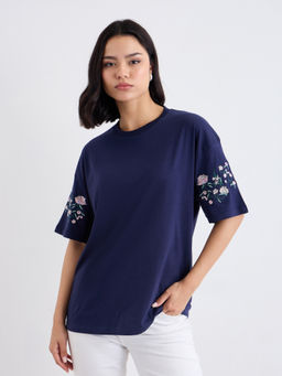 Styli - Women Navy Blue Embroidered Blended T-Shirt