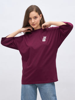 Styli - Women Maroon Solid/Plain Cotton T-Shirt