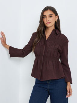 Styli - Women Brown Textured Polyester Shirt
