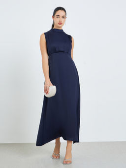 Styli - Women Navy Blue Solid/Plain Satin Dress