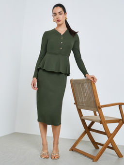 Styli - Women Olive Textured Synthetic Dress