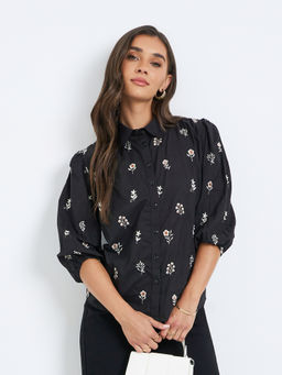 Styli - Women Black Floral Cotton Shirt