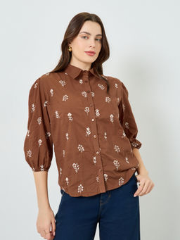 Styli - Women Brown Floral Cotton Shirt