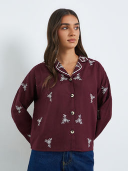 Styli - Women Burgundy Floral Cotton Shirt