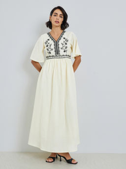 Styli - Women Cream Embroidered Cotton Dress