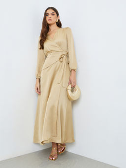 Styli - Women Beige Solid/Plain Satin Dress