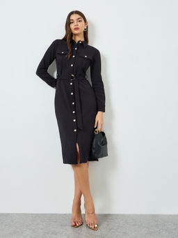 Styli - Women Black Solid/Plain Twill Dress with Belt