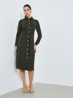 Styli - Women Olive Solid/Plain Twill Dress with Belt