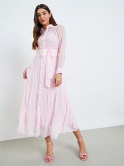 Styli - Women Pink Embroidered Synthetic Dress and Belt with Inner