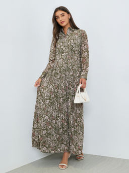 Styli - Women Olive Printed Polyester Dress with Belt