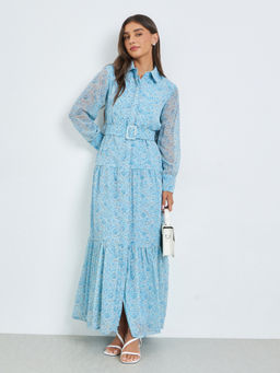 Styli - Women Blue Printed Polyester Dress with Belt