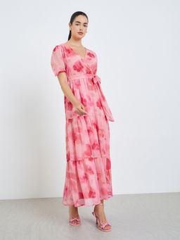Styli - Women Pink Floral Synthetic Dress with Belt