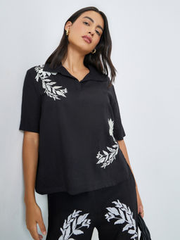 Styli - Women Black Embroidered Rayon Top