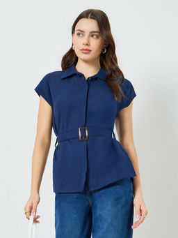 Styli - Women Navy Blue Solid/Plain Cotton Shirt with Belt