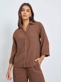 Styli - Women Brown Solid/Plain Cotton Shirt