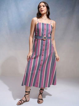 TOKYO TALKIES - Women Multi-Color Stripes Viscose Rayon Dress with Belt