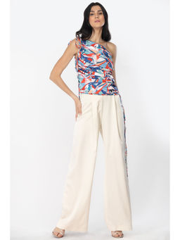 MANDIRA WIRK - Satin Off Shoulder Rooshed Top With Dust Satin Pants Blue & Pink (Set of 2)