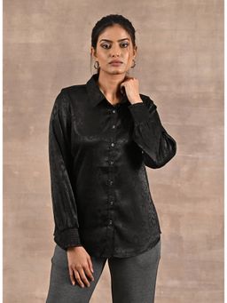 Lakshita - Black Aztec Printed Satin Shirt with Gathered Sleeves