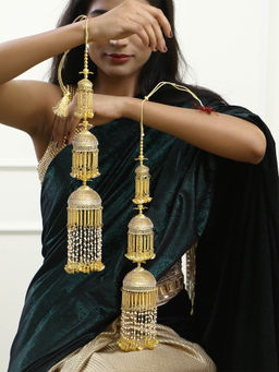 Adwitiya - Gold Plated Pearls and Leaf Handcrafted Beautiful Bridal Layered Kaleeras