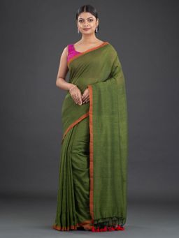 Arhi - Moss Green Pure Cotton Handwoven Soft Dual Tone Saree with Unstitched Blouse