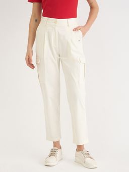 ELLE - Womens White Solid High Rise Tapered Fit Cargo Pant