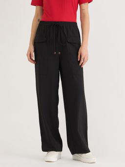ELLE - Womens Black Solid High Rise Relaxed Fit Patch Pocket Cargo Pant