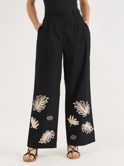 ELLE - Womens Black Dori Embroidery Mid Rise Straight Fit Trousers