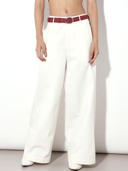 ONLY - Women Wide Leg Mid-Rise White Belt with Pants
