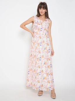 Madame - Floral Print Ruffle Detail Off White Dress