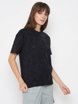 Madame - Swarovski Detailed Graphic Print Charcoal Black T-shirt