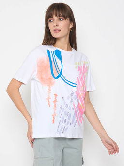 Madame - Handwork Detail with Graphic Print White T-shirt For Women