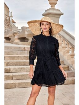 Madame - Sheer Embroidered Belted Mini Black Mesh Dress