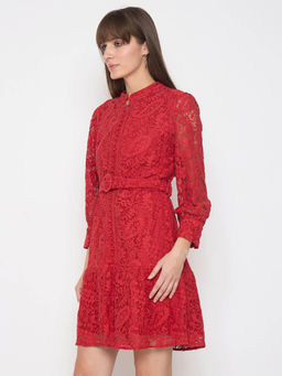 Madame - Sheer Embroidered Belted Mini Red Mesh Dress