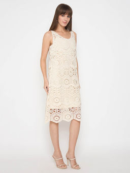 Madame - Crochet Self Design Strap Beige Midi Dress